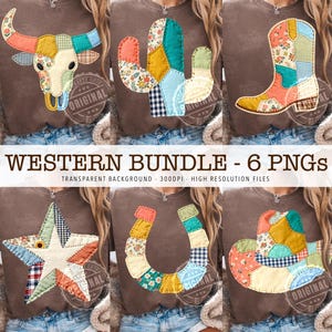 Pode incluir: Uma coleção de seis gráficos PNG com tema Western. Os designs incluem um crânio de touro, um cacto, uma bota de cowboy, uma estrela, uma ferradura e um chapéu de cowboy. Cada design é feito de tecido de retalhos em várias cores e padrões. O texto "WESTERN BUNDLE - 6 PNGS" é exibido.