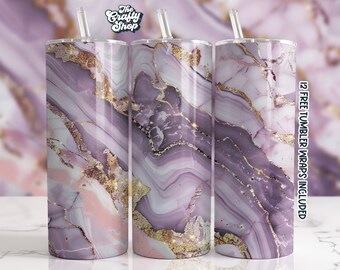 Agate à paillettes violettes et dorées 0oz Sublimation Tumbler Designs, Glitter Marble Straight Skinny Tumbler Wrap PNG Sans couture