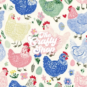 以下が含まれることがあります： 青、ピンク、黄色、緑色で描かれたカラフルな鶏のパターン。花や卵のモチーフも含まれています。「The Crafty Shop」の文字が中央に配置されています。手描き風のデザインです。