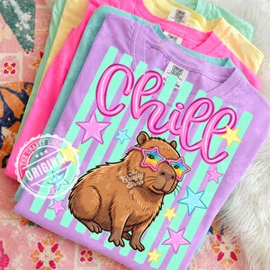 Op de afbeelding: Een stapel Comfort Colors t-shirts in verschillende kleuren, waaronder roze, geel en paars. Het paarse shirt heeft een afbeelding van een capibara met een bril in de vorm van sterren, het woord "Chill" en sterren.