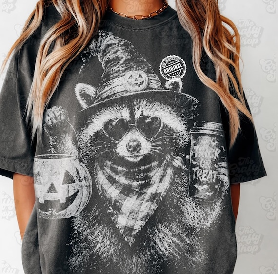 Halloween Raccoon PNG, Cute Raccoon Graphic Tee Design, Witch Hat Fall Animal, Pumpkin Coffee Lover PNG, Dark Shirt Digital Download