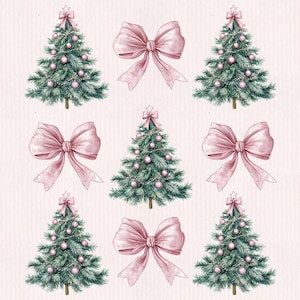 Pode incluir: Ilustração em aquarela de árvores de Natal e laços. As árvores são verdes com enfeites rosa e um laço rosa no topo. Os laços são de cor rosa suave. O fundo é rosa claro.