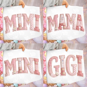 May include: Four white signs with pink patchwork letters spelling "MIMI", "MAMA", "MINI", and "GIGI". Each letter has a different pattern, including gingham, polka dots, and floral prints. The signs are held up by a person.