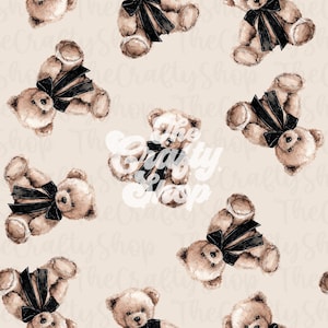 Pode incluir: Um padrão repetido de ursinhos de pelúcia em aquarela com laços pretos sobre um fundo creme. Os ursos são castanhos claros com sombreamento castanho escuro, e os laços são pretos sólidos. Os ursos estão em várias orientações.