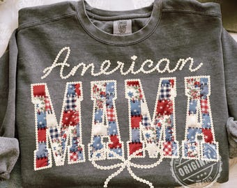 Mamá americana PNG, diseño de patchwork del 4 de julio, archivo de sublimación patriótico coqueto, descarga digital de letras perladas de edredón de EE. UU.