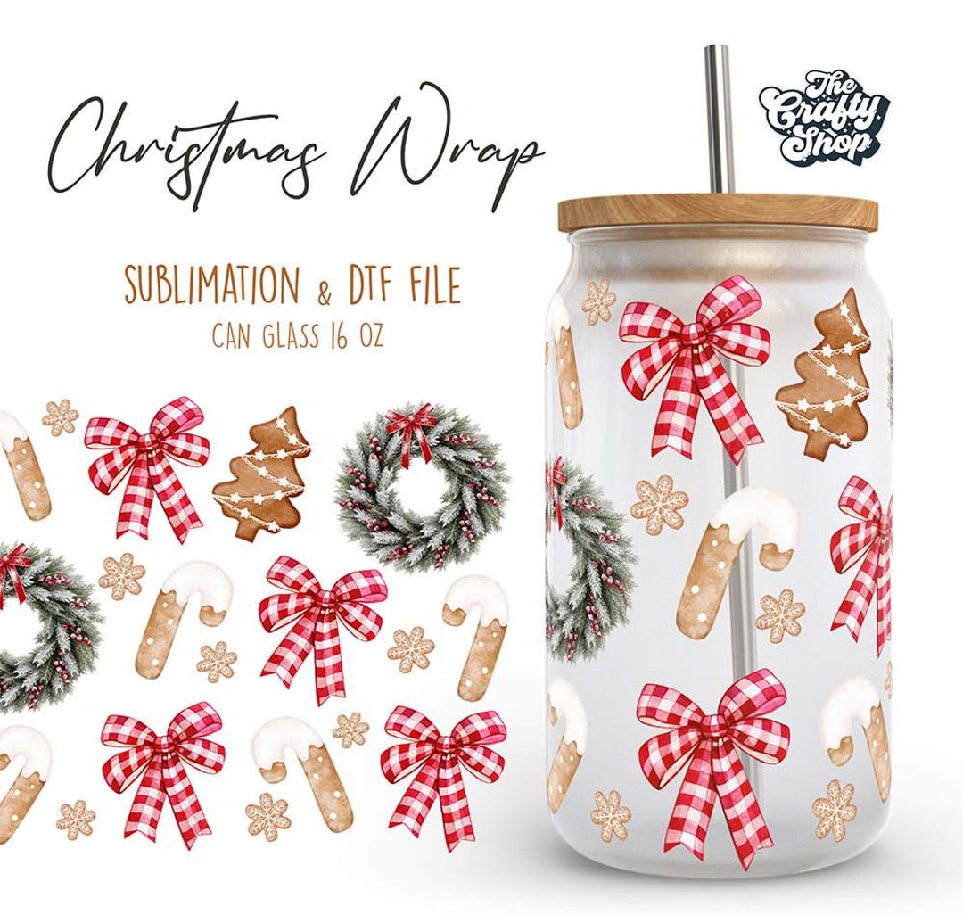 Christmas Libbey Glass Wrap PNG | Red Bow & Wreath Sublimation Design ...