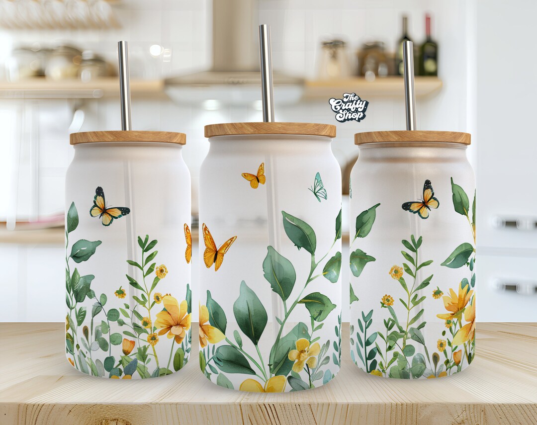 Spring Floral Butterfly 16 Oz Libbey Glass PNG, Libbey Can Wrap ...