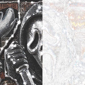 May include: A mosaic-style artwork featuring a reflective, mirrored surface depicting a ghost-like figure and a masked character holding a knife. The design incorporates the text HALLOWEEN and creates a shimmering effect with small square tiles.