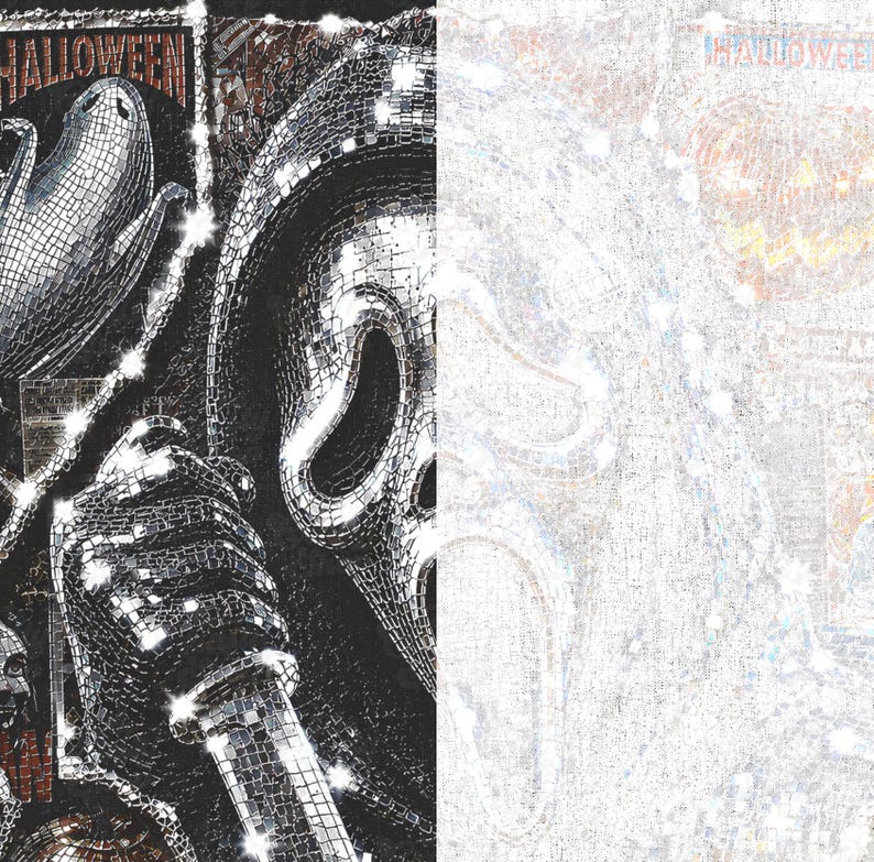 May include: A mosaic-style artwork featuring a reflective, mirrored surface depicting a ghost-like figure and a masked character holding a knife. The design incorporates the text HALLOWEEN and creates a shimmering effect with small square tiles.