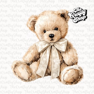 May include: A watercolour illustration of a traditional teddy bear in tan and cream tones. The bear features a cream-coloured bow and a black nose. The image includes the text "The Crafty Shop" in a decorative font.