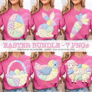 Pode incluir: T-shirts rosa com desenhos de Páscoa: um ovo, um coelho, uma cenoura, um cesto, um pintinho e uma ovelha, todos em patchwork. O texto "EASTER BUNDLE - 7 PNGS" está visível. Fundo rosa.
