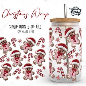 May include: A clear 16 oz can glass with a bamboo lid and a stainless steel straw. The glass is decorated with a repeating pattern of gingerbread men wearing Santa hats, candy canes, and snowflakes. The words "Christmas Wrap" are written in red script.