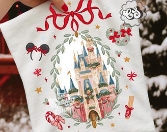 Magiskt julslott PNG, mysig julkransdesign, retro röd rosett och polkagris clipart, festlig magisk sublimering nedladdning