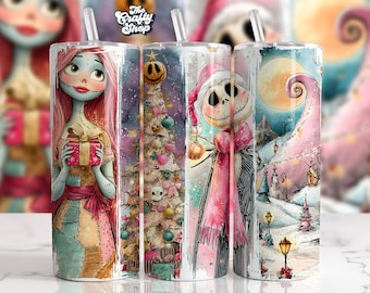 May include: Four stainless steel tumblers with colourful illustrations of characters from The Nightmare Before Christmas. The tumblers feature Sally, Jack Skellington, a Christmas tree, and a winter scene. Each tumbler has a clear straw and the text "The Crafty Shop".