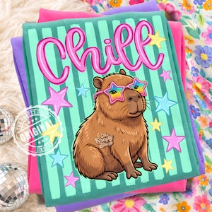 Op de afbeelding: Een bruine capibara met een sterrenzonnebril met een regenboogontwerp, tegen een turquoise achtergrond met roze strepen en sterren. Het woord "Chill" is in roze script geschreven. Het ontwerp staat op een roze en paarse deken.