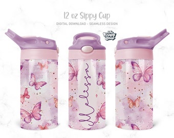 Butterflies Kids 12 oz Flip Top Tumbler Wrap Kids Water, Kids Bottle Sublimation Design PNG Seamless Add Your Name Digital file