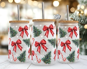 Envoltura de lazo navideño, envoltura para latas de vidrio de 16 oz, envoltura para latas de vidrio Libbey de 16 oz, envoltura para vasos con forma de árbol de Navidad, envoltura para latas de vidrio completas
