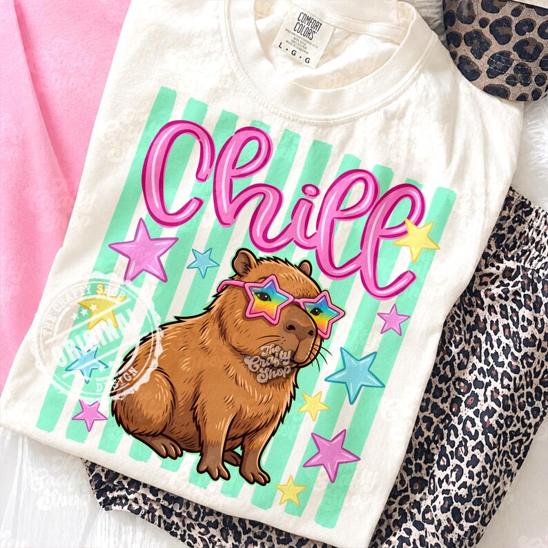Op de afbeelding: Cr&egrave;mekleurig T-shirt met het woord "Chill" in roze, een capibara met een bril in de vorm van sterren en kleurrijke sterren. Het shirt heeft een Comfort Colors label.