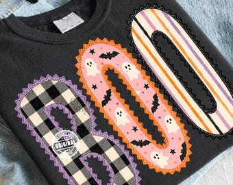 BOO Halloween PNG | Patchwork Spooky Pumpkin Ghost Design | Boutique Sublimation & DTF Graphic | Cute Fall Digital Shirt Artwork