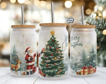 Traditional Santa Christmas Tree Wrap, 16oz Glass Can Wrap, 16oz Libbey Can Glass, Winter Christmas Tumbler Wrap, Merry Christmas Wrap