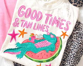 Good Times & Tan Lines PNG Sublimation Design, Funny Alligator Beach Summer Shirt Graphic Download