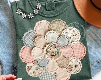 Patchwork Flower PNG, Cottagecore Floral Sublimation Design, Applique Fabric Flower PNG, Vintage Quilt Flower Shirt Design