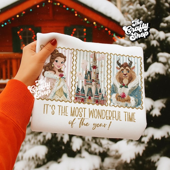 Magical Christmas Beauty & Beast PNG, Enchanted Castle Holiday Clipart, Cozy Retro Gold Frame Design, Festive Sublimation Download