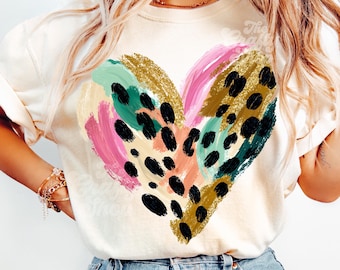 Leopard Heart PNG | Boho Brush Stroke Heart Sublimation Design | Colorful Animal Print Heart PNG for T-Shirts, Mugs & Valentine Crafts