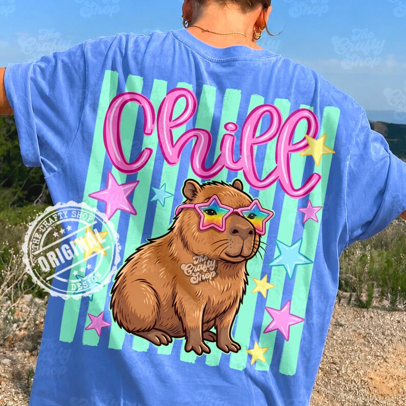 Op de afbeelding: Lichtblauw T-shirt met een afbeelding van een capibara met een bril in de vorm van sterren. Het woord "Chill" staat in roze letters erboven, met sterren en strepen. Het T-shirt heeft een vintage wassing.