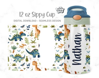 Dinosaur 12oz Kids Flip Top Sippy Cup Tumbler Wrap, Add A Name 12oz Straight Children's Toddlers for boys Tumbler Sublimation Design PNG