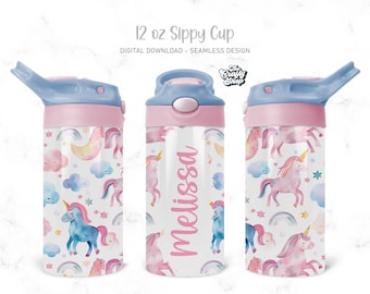 Unicorns Kids 12 oz Flip Top Tumbler Wrap Kids Water, Kids Bottle Sublimation Design PNG Seamless Add Your Name Digital file