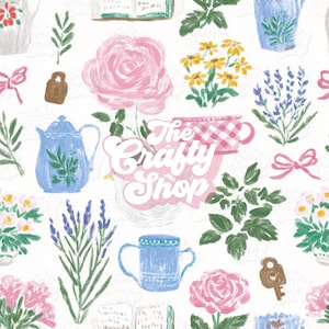 Pode incluir: Padrão repetido com ilustrações de xícaras de chá, bules, rosas, lavanda e laços. O texto "The Crafty Shop" está em escrita rosa e branca. A paleta de cores inclui rosa, azul, amarelo e verde sobre um fundo branco.