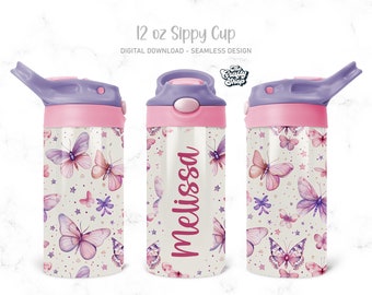 Mariposas Niños 12 oz Flip Top Tumbler Wrap Niños Agua, Diseño de sublimación de botella para niños PNG Sin costuras Agregue su nombre Archivo digital