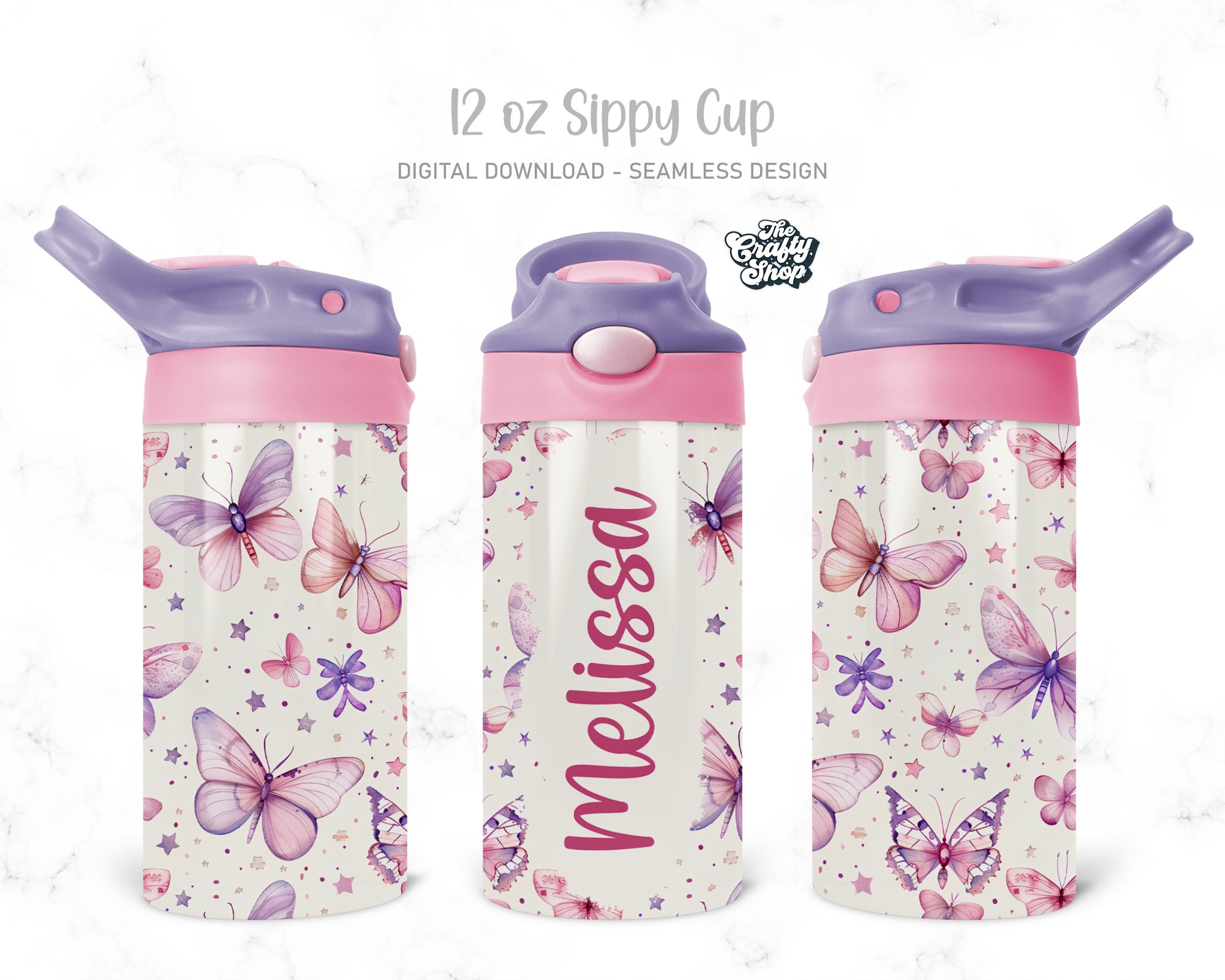 Motyle dla dzieci 12 uncji Flip Top Tumbler Wrap Woda dla dzieci, projekt sublimacji butelek dla dzieci PNG Bez szwu Dodaj swoje imię i nazwisko Plik cyfrowy