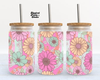 Envoltura sin costuras de vaso floral retro de verano, envoltura de lata de vidrio de 16 oz, vidrio de lata Libbey de 16 oz, envoltura de vaso floral, envoltura de lata de vidrio completo