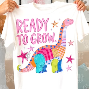 Pode incluir: Uma t-shirt branca com um gráfico de um dinossauro de pescoço comprido colorido e estampado com o texto READY TO GROW. O dinossauro tem secções laranja, rosa, azuis e verdes com vários padrões geométricos, rodeado por várias estrelas cor-de-rosa e laranja.
