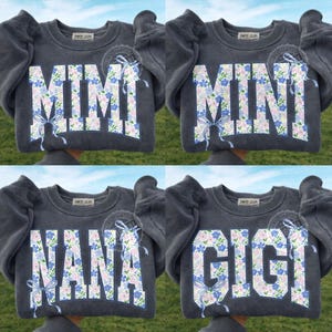 Blue Floral Varsity PNG Bundle, Mama Mimi Nana Gigi Mini, Coquette Bow Letters, Spring Sublimation Digital Download image 1