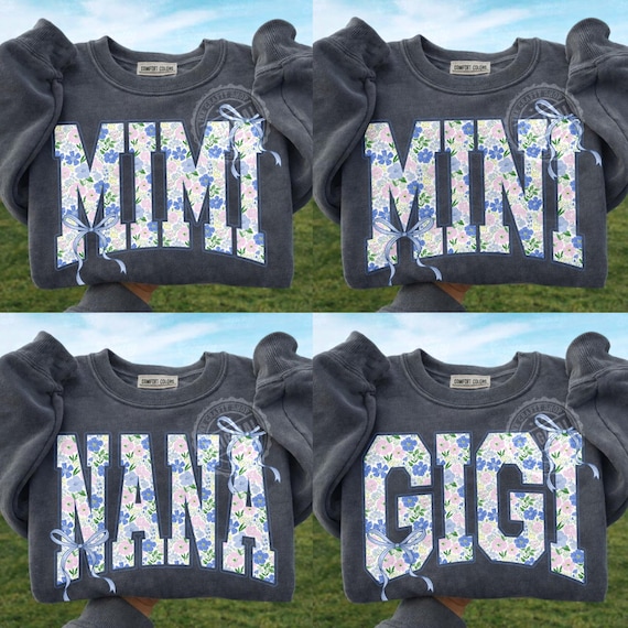 Blue Floral Varsity PNG Bundle, Mama Mimi Nana Gigi Mini, Coquette Bow Letters, Spring Sublimation Digital Download