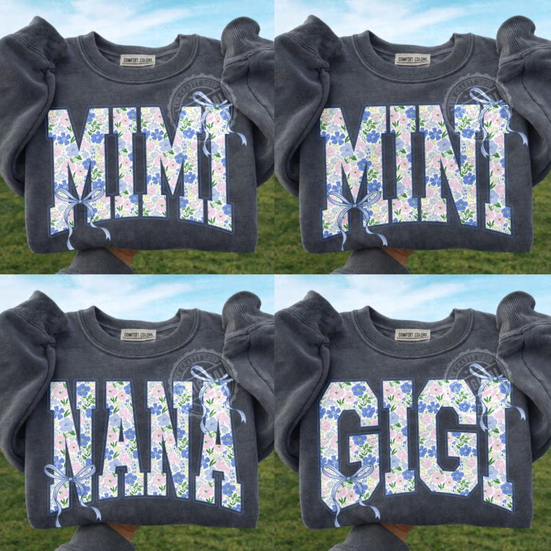 Blue Floral Varsity PNG Bundle, Mama Mimi Nana Gigi Mini, Coquette Bow Letters, Spring Sublimation Digital Download image 1