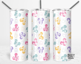 May include: Three stainless steel tumblers with a white background and a pattern of pastel coloured Mickey Mouse heads and ears. The tumblers have lids and straws.