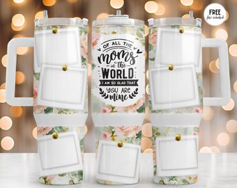 Mom Floral 40 Oz tumbler wrap downloads with photo frames png file for sublimation design Mom, 40 Oz tumbler template Floral tumbler wrap
