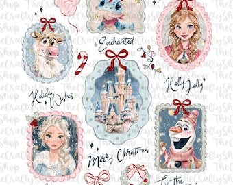 Puede incluir: Una colección de arte digital con temática navideña que presenta personajes y elementos de una popular película de animación. Los diseños incluyen retratos, un castillo y frases festivas como "Holiday Wishes" y "Merry Christmas", todos adornados con lazos rojos.