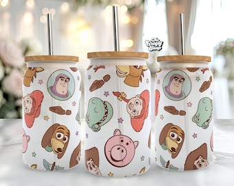 Envoltura sin costuras de vaso de Story Toys, envoltura de lata de vidrio de 16 oz, vidrio de lata Libbey de 16 oz, envoltura de vaso de dibujos animados, envoltura de lata de vidrio completo