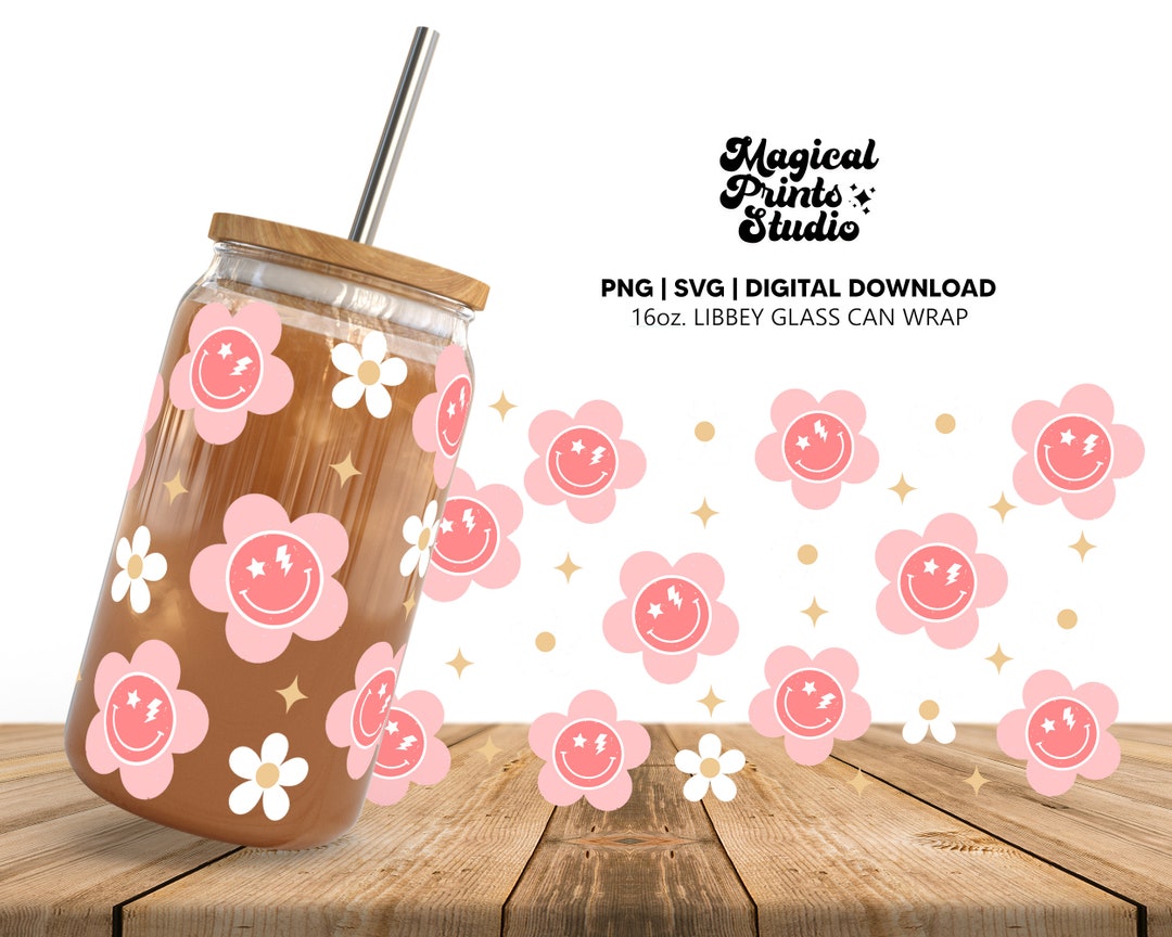 16oz Libbey Can Wrap SVG, Happy Smiley Flowers SVG, Smiley Face Svg ...