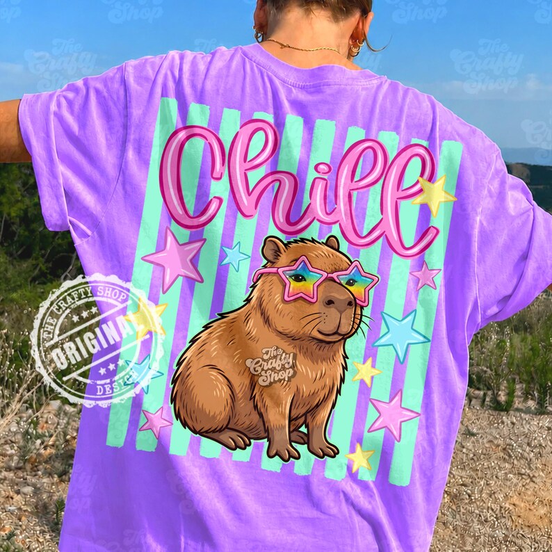 Op de afbeelding: Een paars T-shirt met een afbeelding van een capibara met een bril in de vorm van sterren en het woord "Chill" in roze letters. Het ontwerp bevat pastelgroene strepen en sterren. Het shirt heeft een relaxte pasvorm.