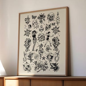 traditional tattoo flash art print american trad wall art pinup tattoo decor black and white vintage poster UNFRAMED