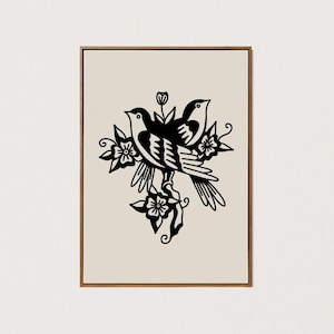 Impresión artística de tatuaje de mirlos para imprimir, arte de pared de pájaros, decoración de tatuaje tradicional en blanco y negro, lindo arte digital descargable