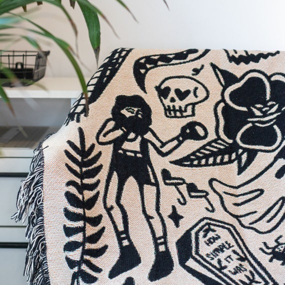 Traditional Tattoo Blanket Woven Throw Blanket Tattoo Tapestry Wall Hanging Picnic Blanket Etsy
