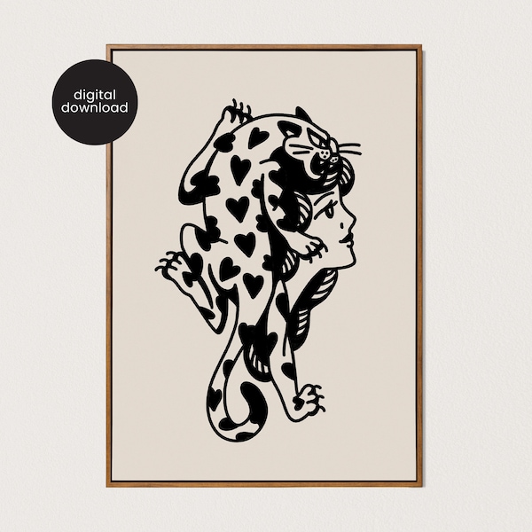 PRINTABLE heart cat lady tattoo art print tiger wall art traditional tattoo decor black and white downloadable digital art