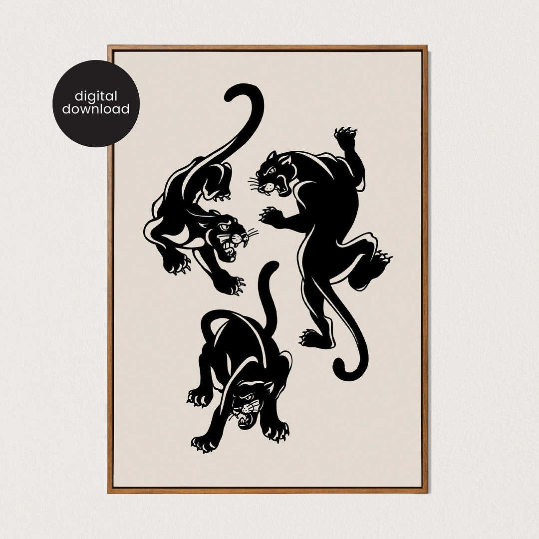PRINTABLE Panthers Tattoo Art Print Black Cats Wall Art Traditional ...